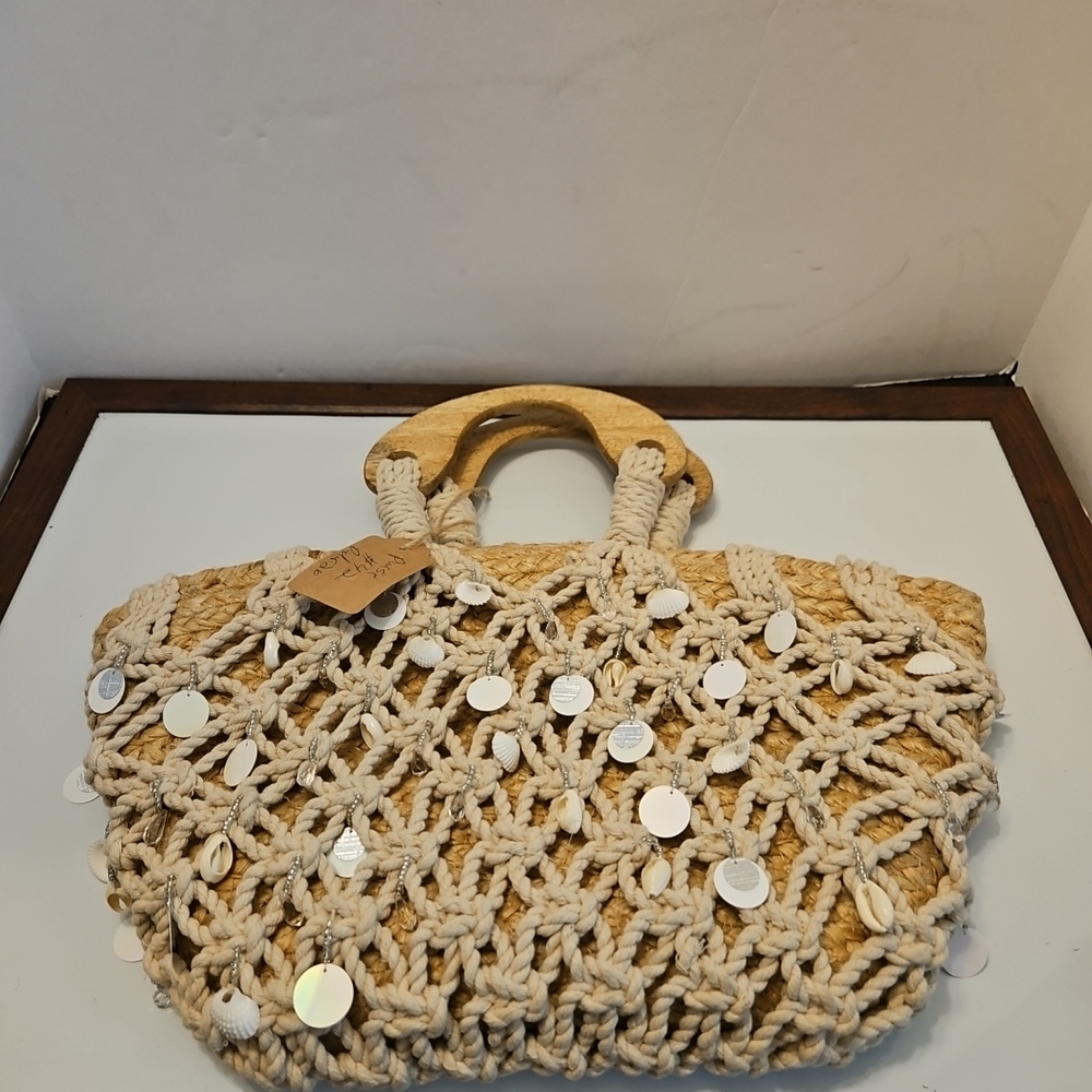 Beige Woven Tote Bag with Wooden Handles
